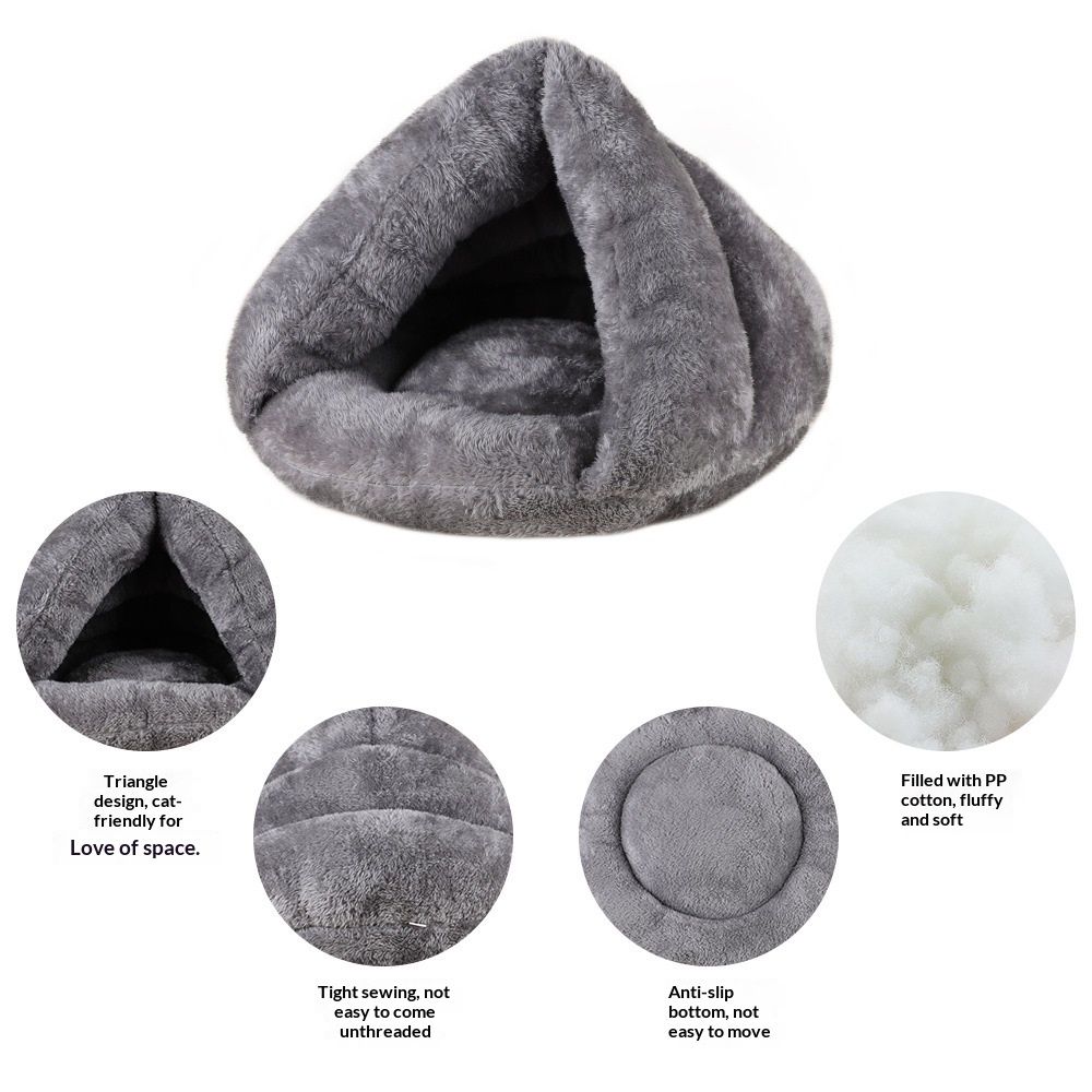 Pet tent cave bed suitable for small and medium-sized cats and dogs, sleeping bag, thick and warm slippers, comfortable dog bed, triangle bed suitable for cats and dogs (gray S)