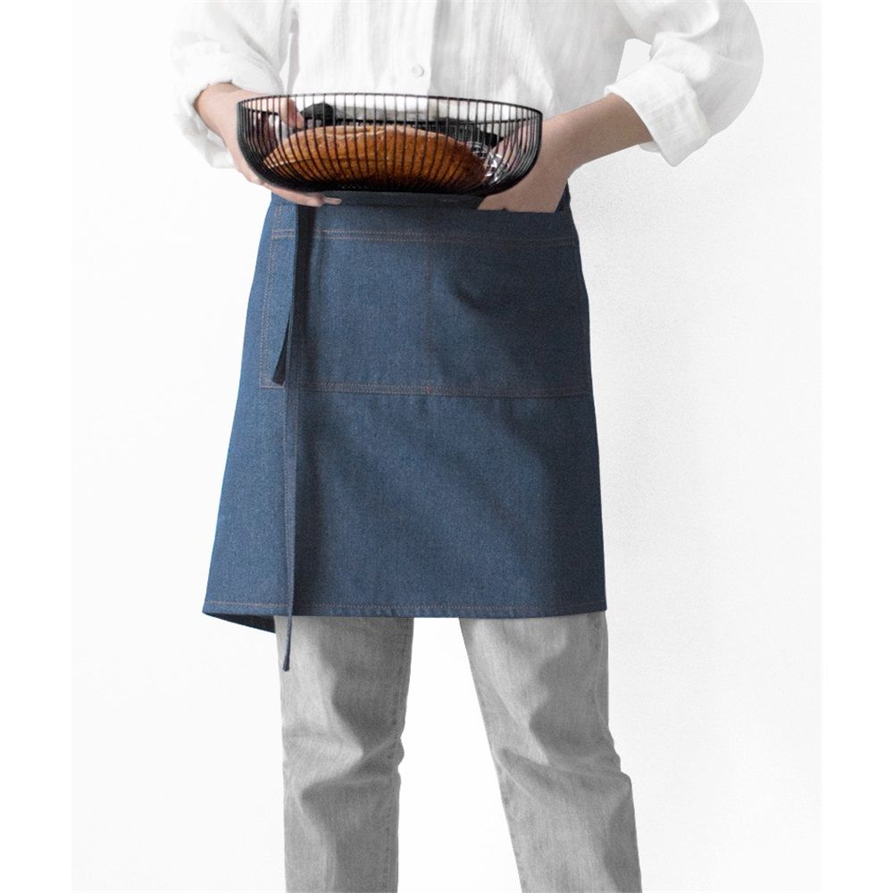 Unisex Cotton denim Waist Apron with Pocket Waitress Apron Half Apron Server Aprons Cooking Bib（dark blue）