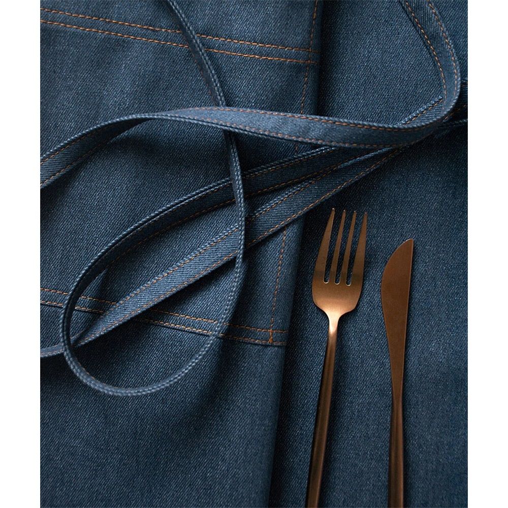 Unisex Cotton denim Waist Apron with Pocket Waitress Apron Half Apron Server Aprons Cooking Bib（dark blue）