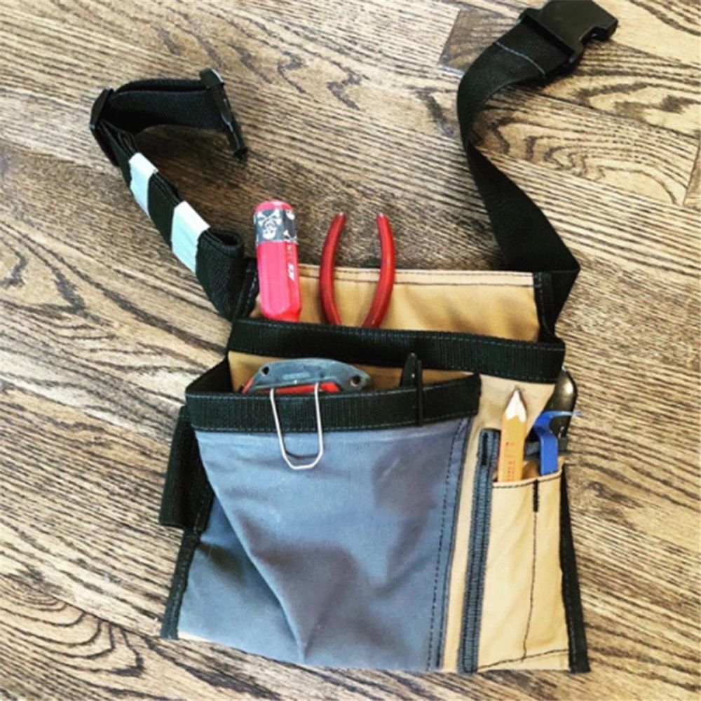 5-Pocket Single Side Tool Belt Pouch/Work Apron, Durable Oxford cloth Construction, Adjustable Belt（Khaki gray）