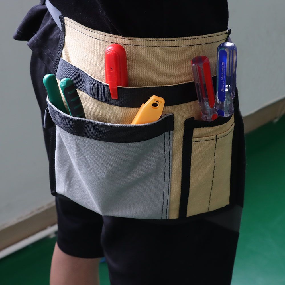 5-Pocket Single Side Tool Belt Pouch/Work Apron, Durable Oxford cloth Construction, Adjustable Belt（Khaki gray）