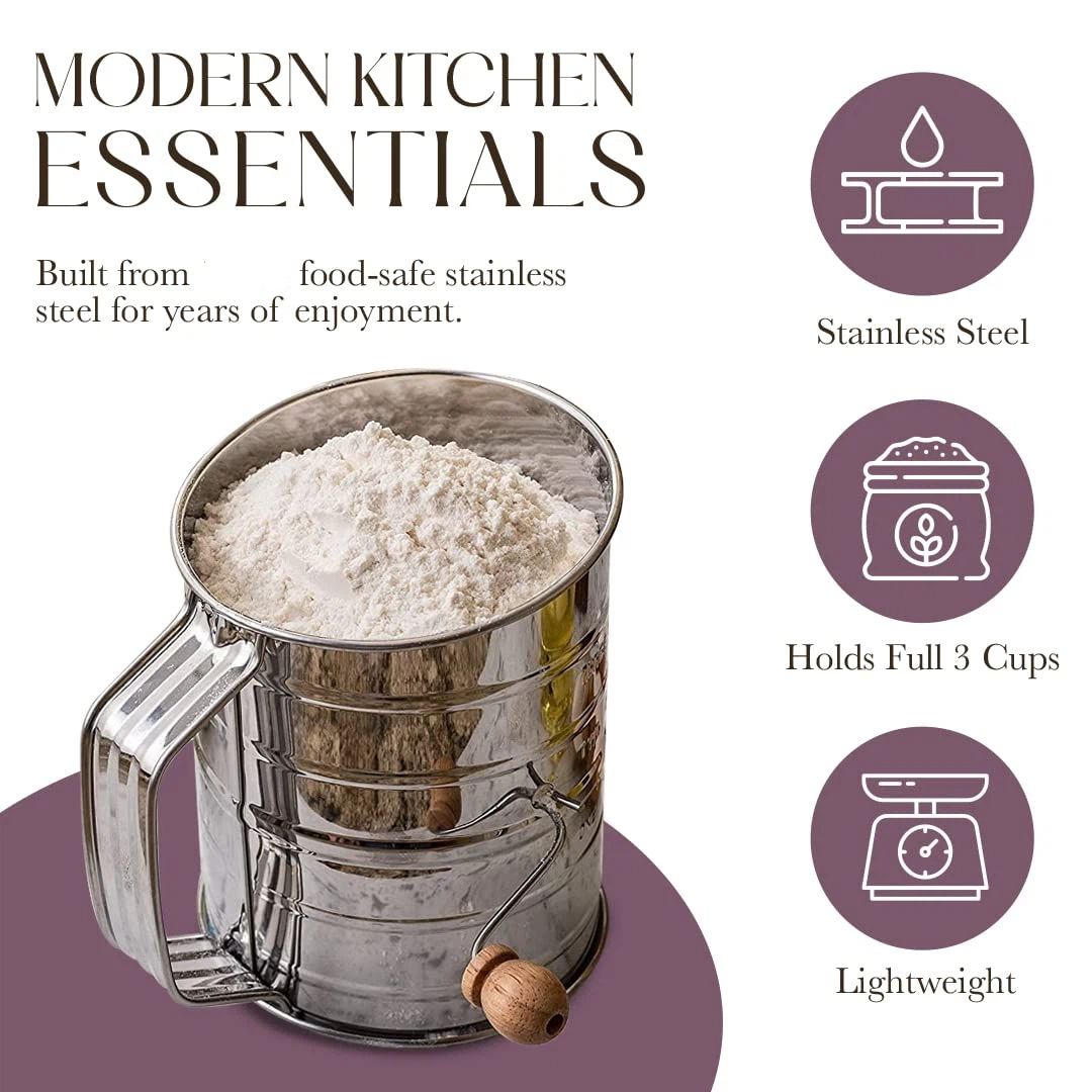 Flour Sifter for Baking, Stainless Steel Flour Sieve Fine Mesh Screen Powder Sifters with Loop Agitator for Quick Sifting, Hand Crank Sifter for Cooking Baking Kitchen Sugar Utensil DIY