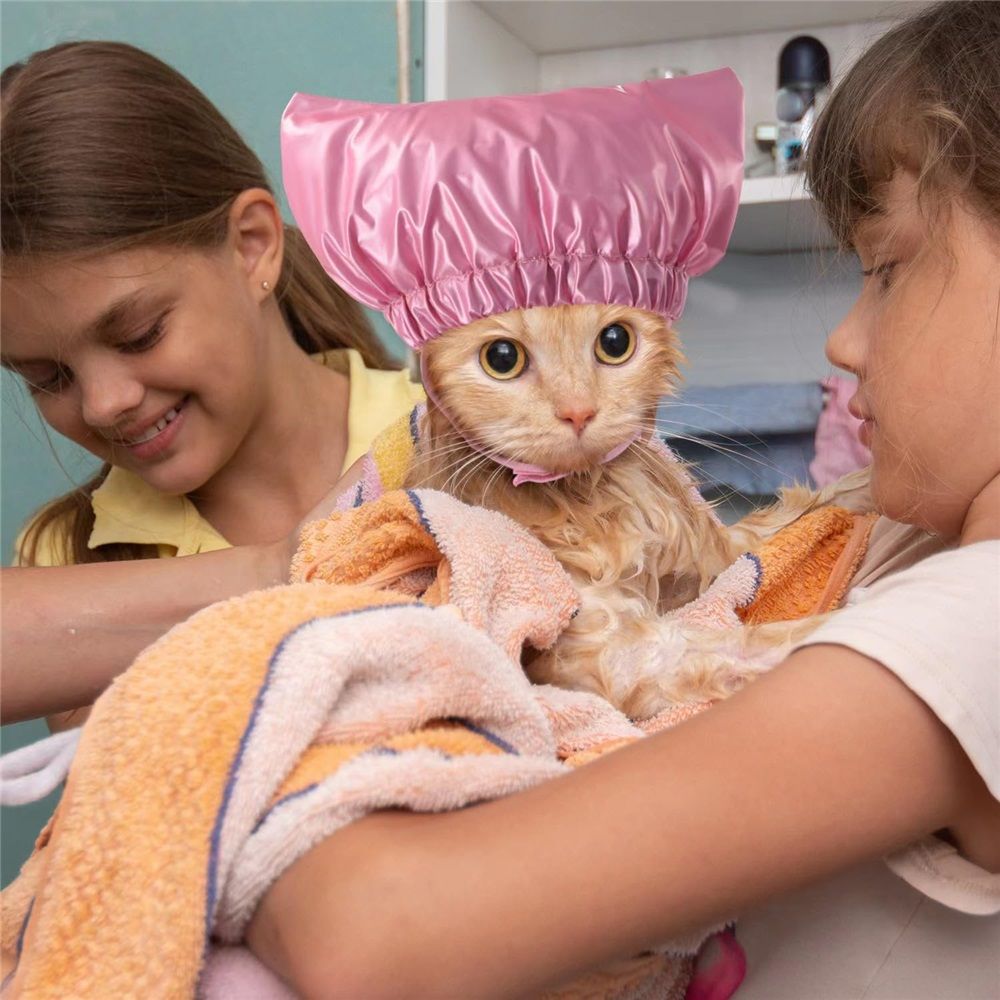 2 pack Dog Shower Cap, Cat Ear Cover for Bath, Waterproof Dog Helmet and Adjustable Pet Earmuffs for Grooming Reusable Ear Protection for Dogs and Cats, Pink（S）