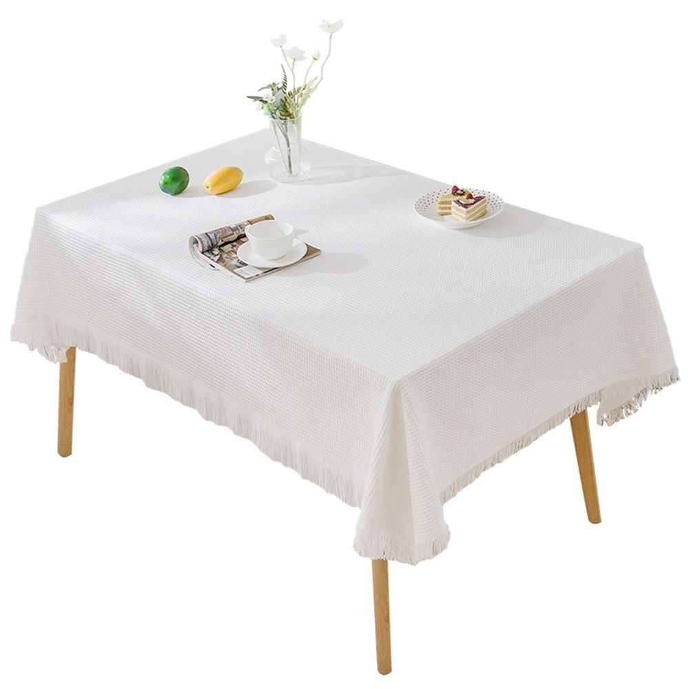 Polyester-cotton Fringed Home Rectangular Tablecloth,Outdoor Party Table Table Cloth for Dining Kitchen Room,White Table Cover Tablecloth Washable (White, 51"x 70")