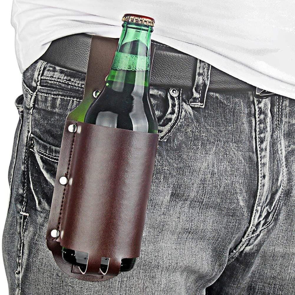 2 pack Beer Holster Classic - Leather, Beer Belt Climbing Beverage Holster Holder Portable（black + brown）