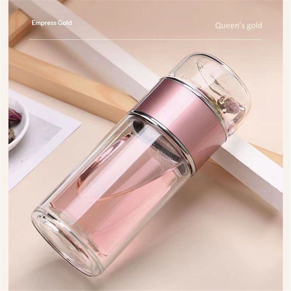 Tea InfuserBottle, 500ml Double Layer Leakage Proof Glass Water Bottle Travel Water Separation Tea Bottle Mug Cup for Office Travel Home(rose gold)