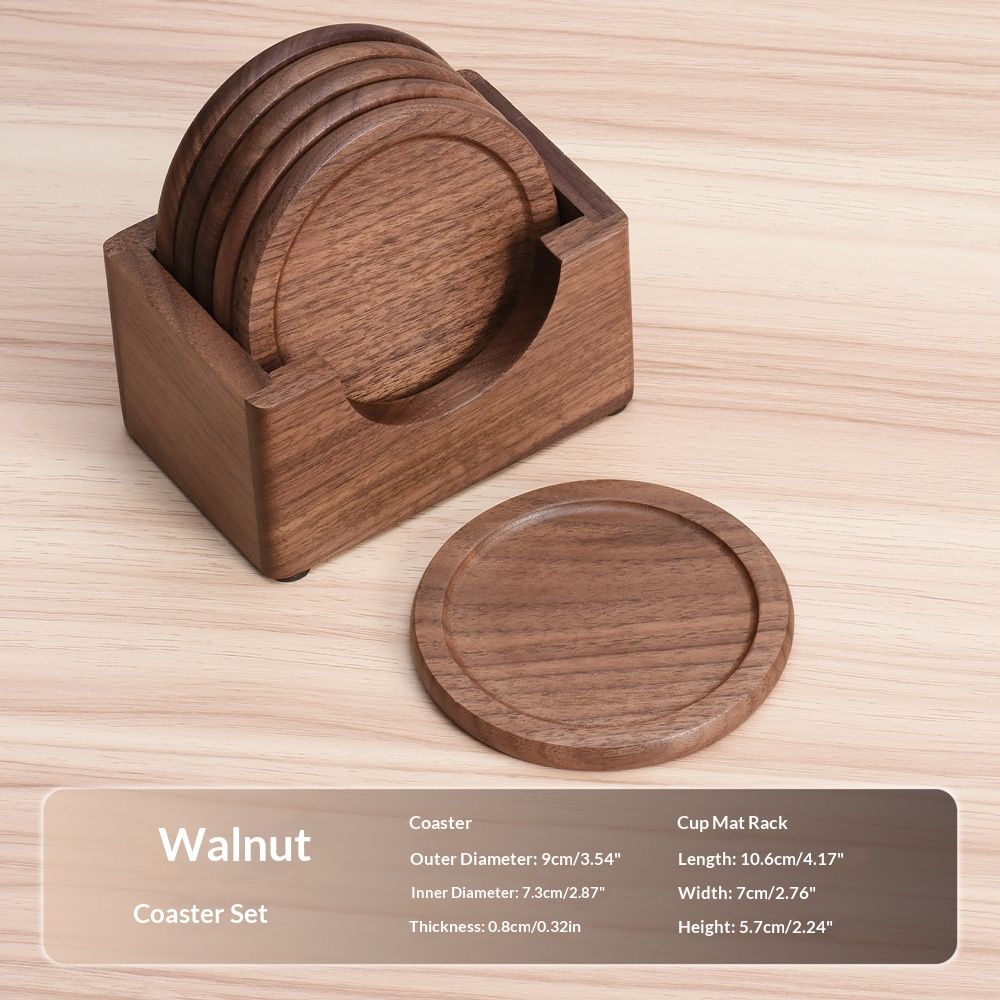 Coasters for Drinks Coffee Table Walnut Drink Coasters Set 6 PCS Wood Cup Coasters 3.5 Inch Non-Slip Round Wooden Coffee Mats with Holder for Bar Party