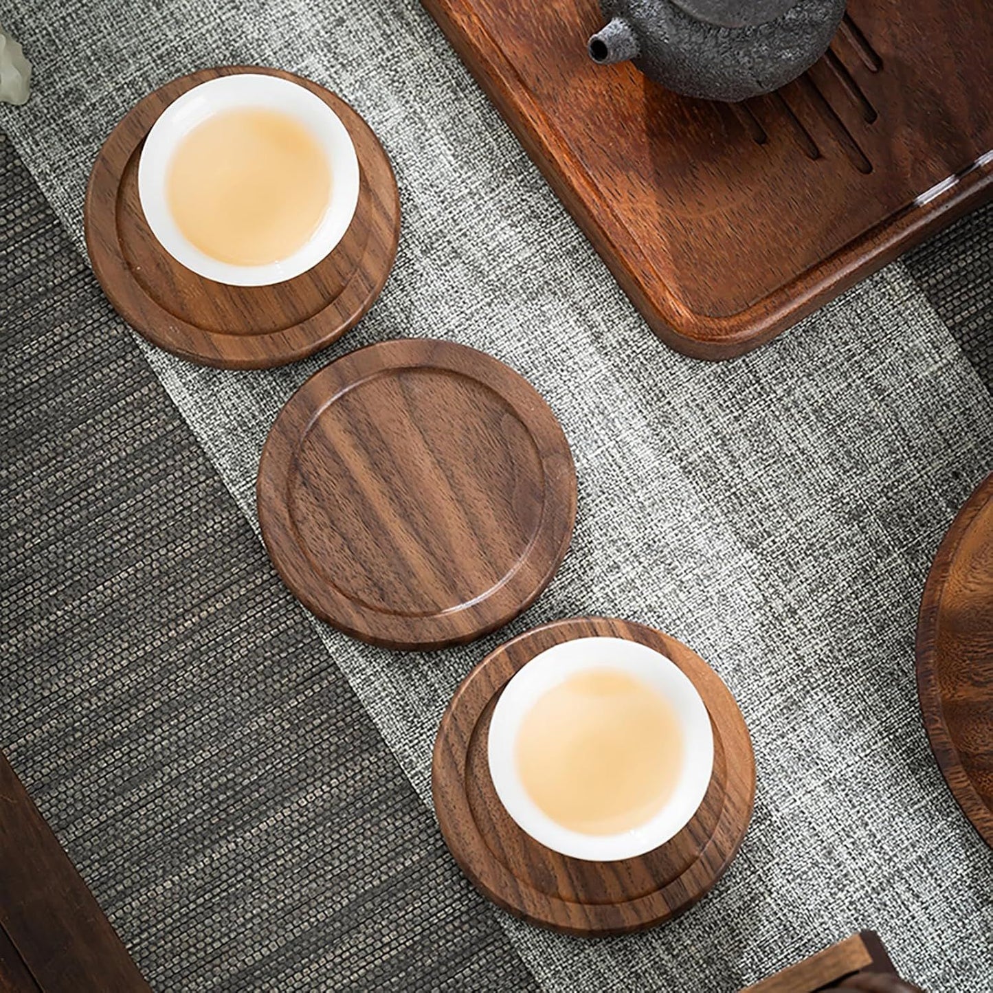 Coasters for Drinks Coffee Table Walnut Drink Coasters Set 6 PCS Wood Cup Coasters 3.5 Inch Non-Slip Round Wooden Coffee Mats with Holder for Bar Party