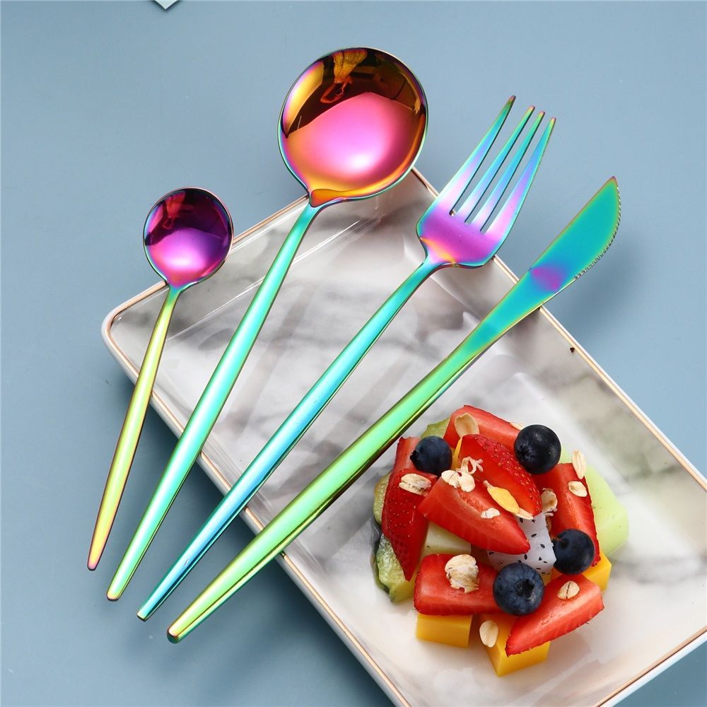 24-Piece Flatware Set, Stainless Steel Knife Fork Spoon Teaspoon Silverware Set, Service for 6, MIrror Rainbow