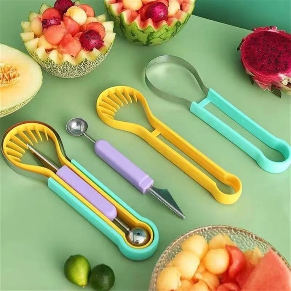 2 PCS Melon Baller Scoop Set, 4 in 1 Stainless Steel Stainless Steel Fruit Tool Set, Fruit Carving Tools for Dig Pulp Separator, Watermelon Cutter Slicer Fruit Scooper (Green + Purple)