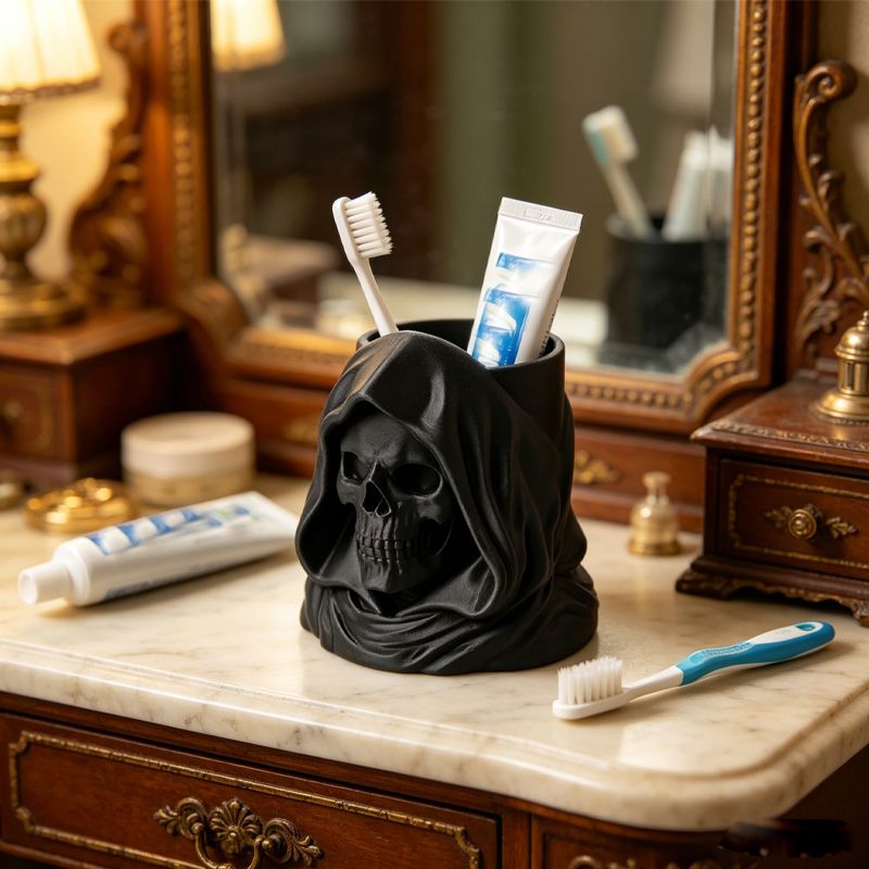 3D-printed hooded skull organizer, perfect for storing toothbrushes and toothpaste in your bathroom. Black.