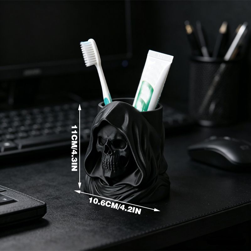 3D-printed hooded skull organizer, perfect for storing toothbrushes and toothpaste in your bathroom. Black.