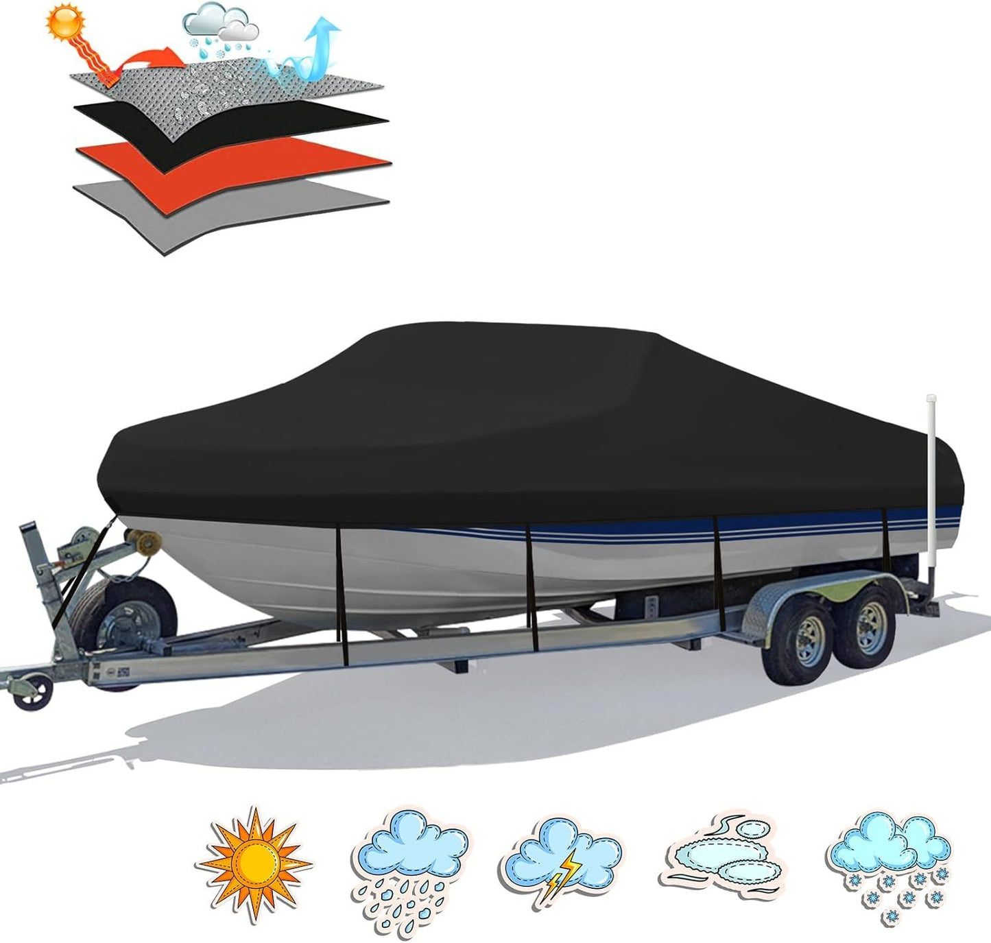 Trailerable Boat Cover – 600DHeavy Duty Waterproof Tarp with Storage Bag, Designed for V-Hull, Fish & Ski, Runabout, Bass & Fishing Boats,17-19FTBlack