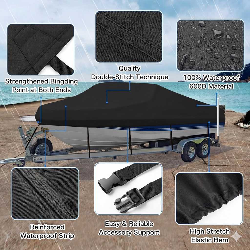 Trailerable Boat Cover – 600DHeavy Duty Waterproof Tarp with Storage Bag, Designed for V-Hull, Fish & Ski, Runabout, Bass & Fishing Boats,17-20FTBlack