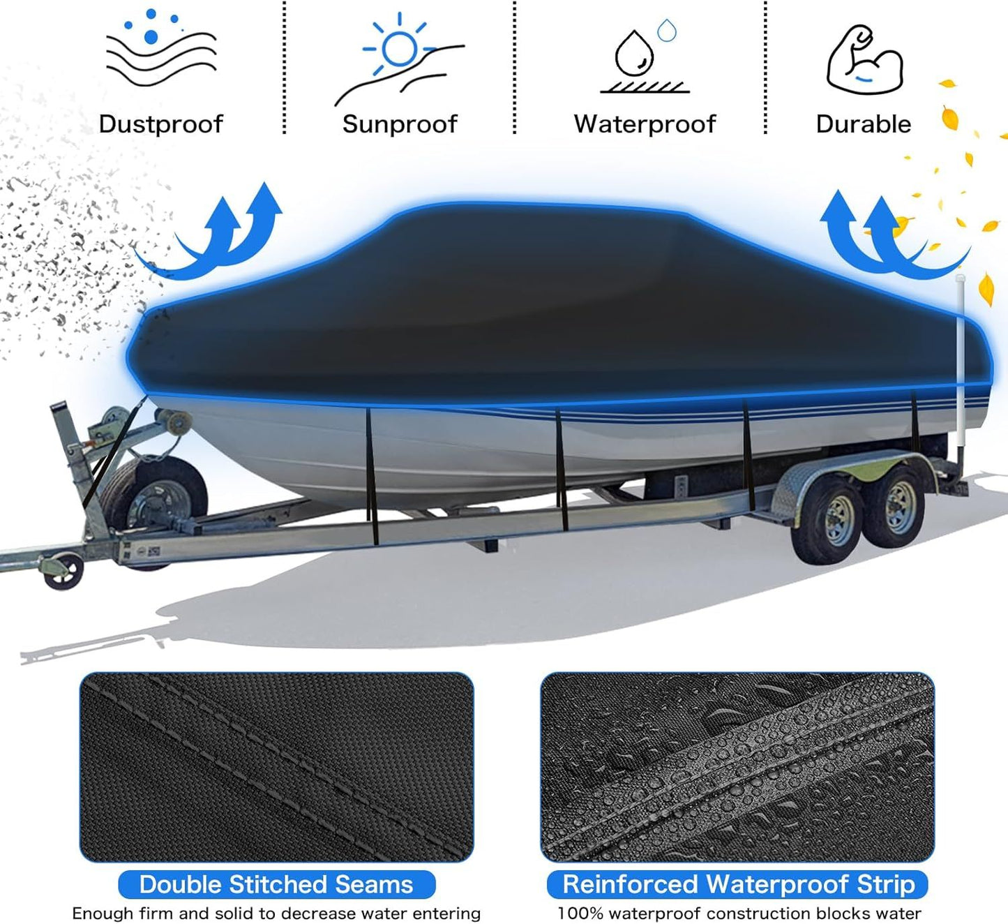 Trailerable Boat Cover – 600DHeavy Duty Waterproof Tarp with Storage Bag, Designed for V-Hull, Fish & Ski, Runabout, Bass & Fishing Boats,21-24FTBlack