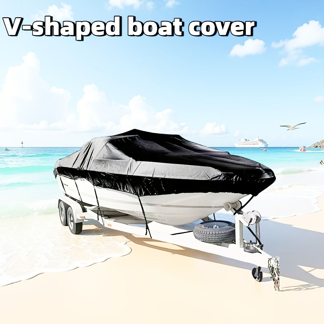 Trailerable Boat Cover – 600DHeavy Duty Waterproof Tarp with Storage Bag, Designed for V-Hull, Fish & Ski, Runabout, Bass & Fishing Boats,20-22FTBlack
