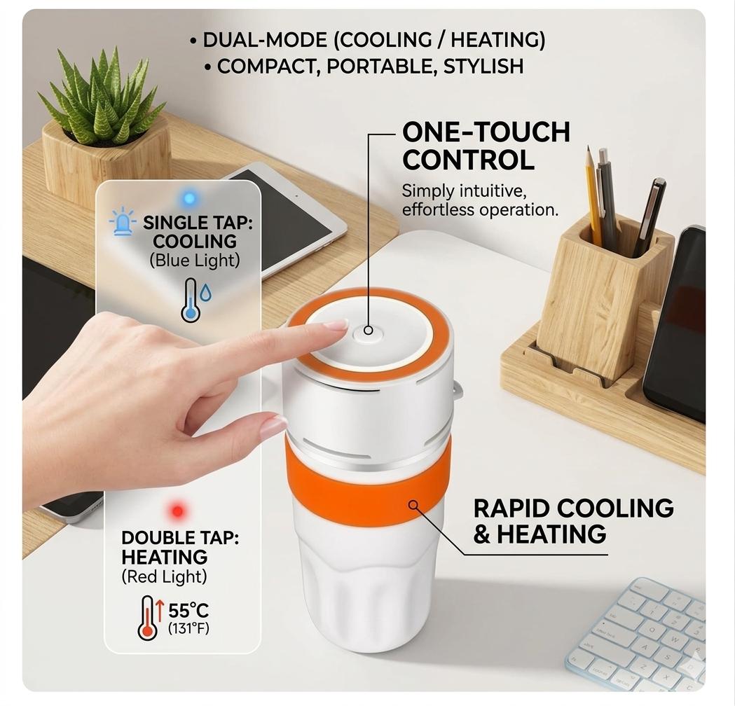 USB Heated & Cooling Smart Cup, Fast Cooling 0–10°C & Heating Up to 50°C, Portable Thermostatic Cold & Hot Cup, Car Office Travel Use, USB Powered Beverage Cooler & Warmer, Works with Power Bank & Car Charger,Grey