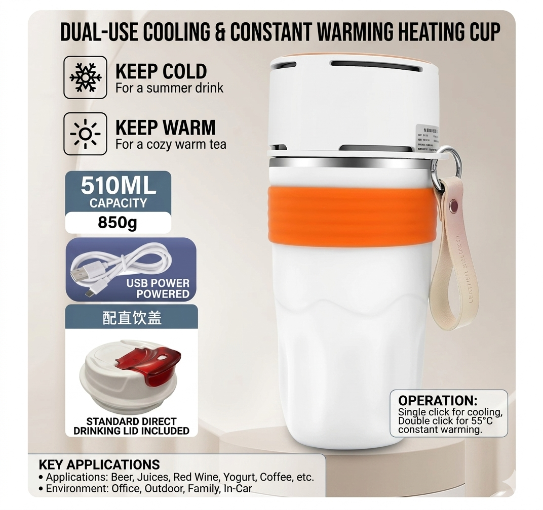 USB Heated & Cooling Smart Cup, Fast Cooling 0–10°C & Heating Up to 50°C, Portable Thermostatic Cold & Hot Cup, Car Office Travel Use, USB Powered Beverage Cooler & Warmer, Works with Power Bank & Car Charger,Grey