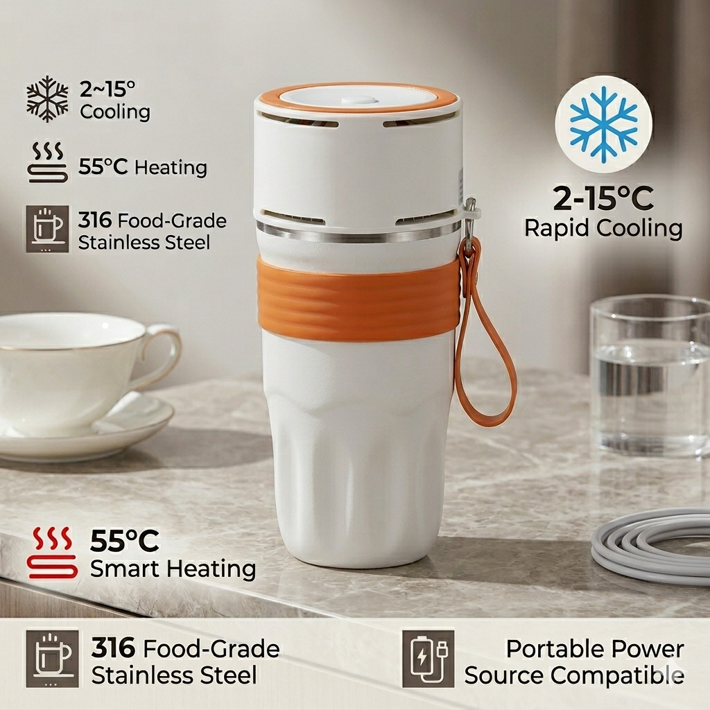 USB Heated & Cooling Smart Cup, Fast Cooling 0–10°C & Heating Up to 50°C, Portable Thermostatic Cold & Hot Cup, Car Office Travel Use, USB Powered Beverage Cooler & Warmer, Works with Power Bank & Car Charger,Orange