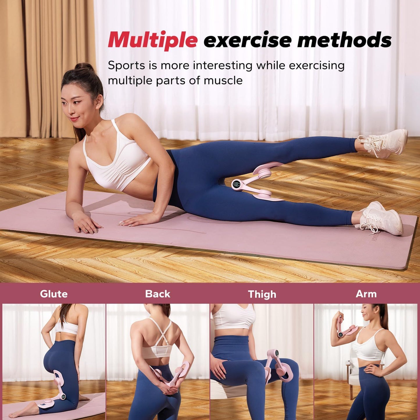 Pink Thigh Trainer for Women, Multi-Function Pelvic Floor Exercise Equipment with Digital Display, Timer, Counter & Calorie Tracking, Inner Thigh Exerciser for Hip, Leg and Butt Toning