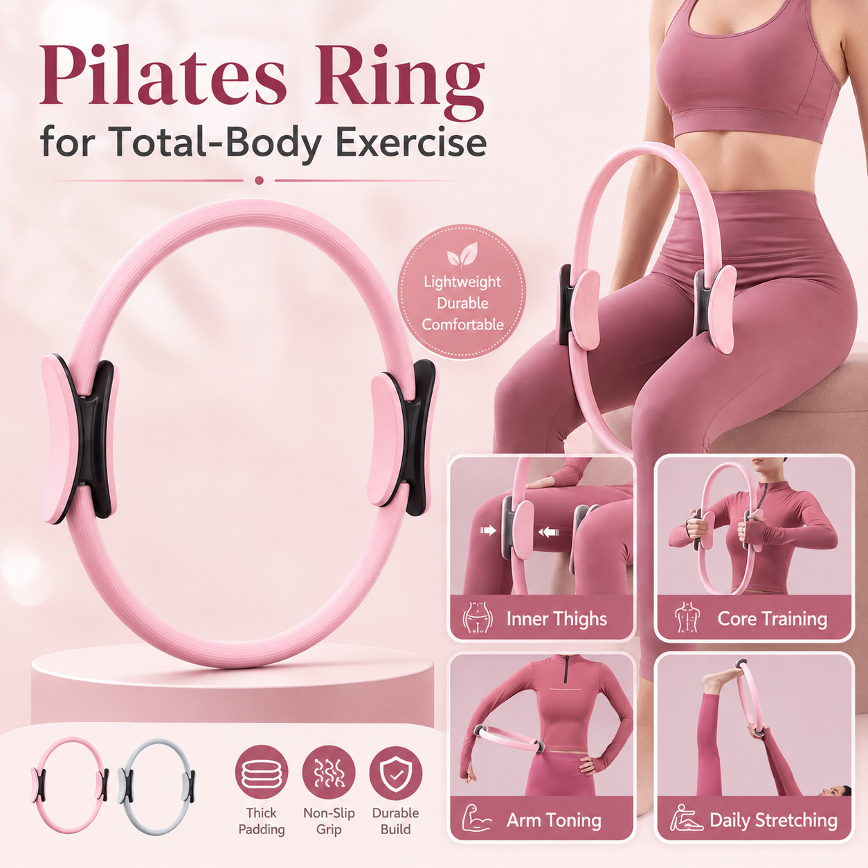 Pilates Ring Fitness Circle 14.96", Yoga Magic Circle with Dual Padded Handles for Mat & Reformer Workouts, Resistance Exercise Ring for Arms, Legs & Core Toning, Gray