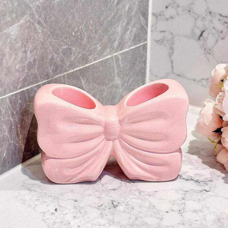 Bowknot Double‑Slot Toothbrush Storage Holder - Pink