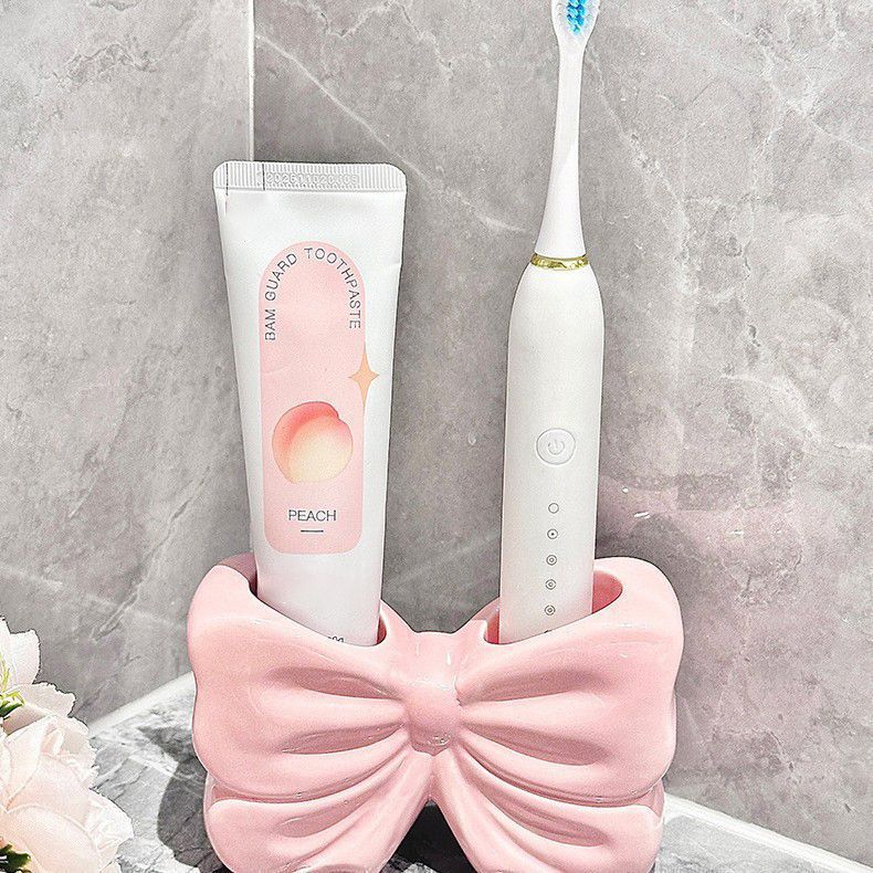 Bowknot Double‑Slot Toothbrush Storage Holder - white
