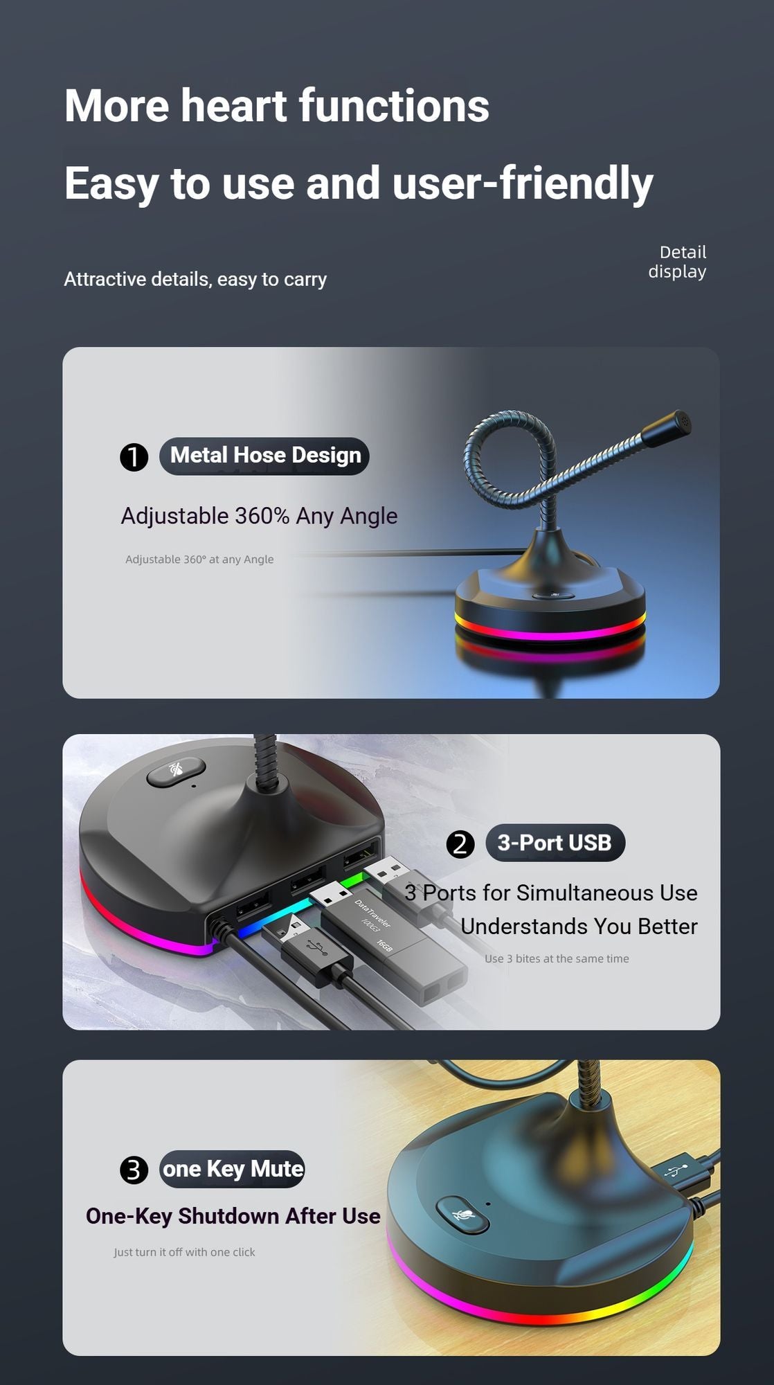 RGB Desktop Microphone 3 USB HUB Model Black