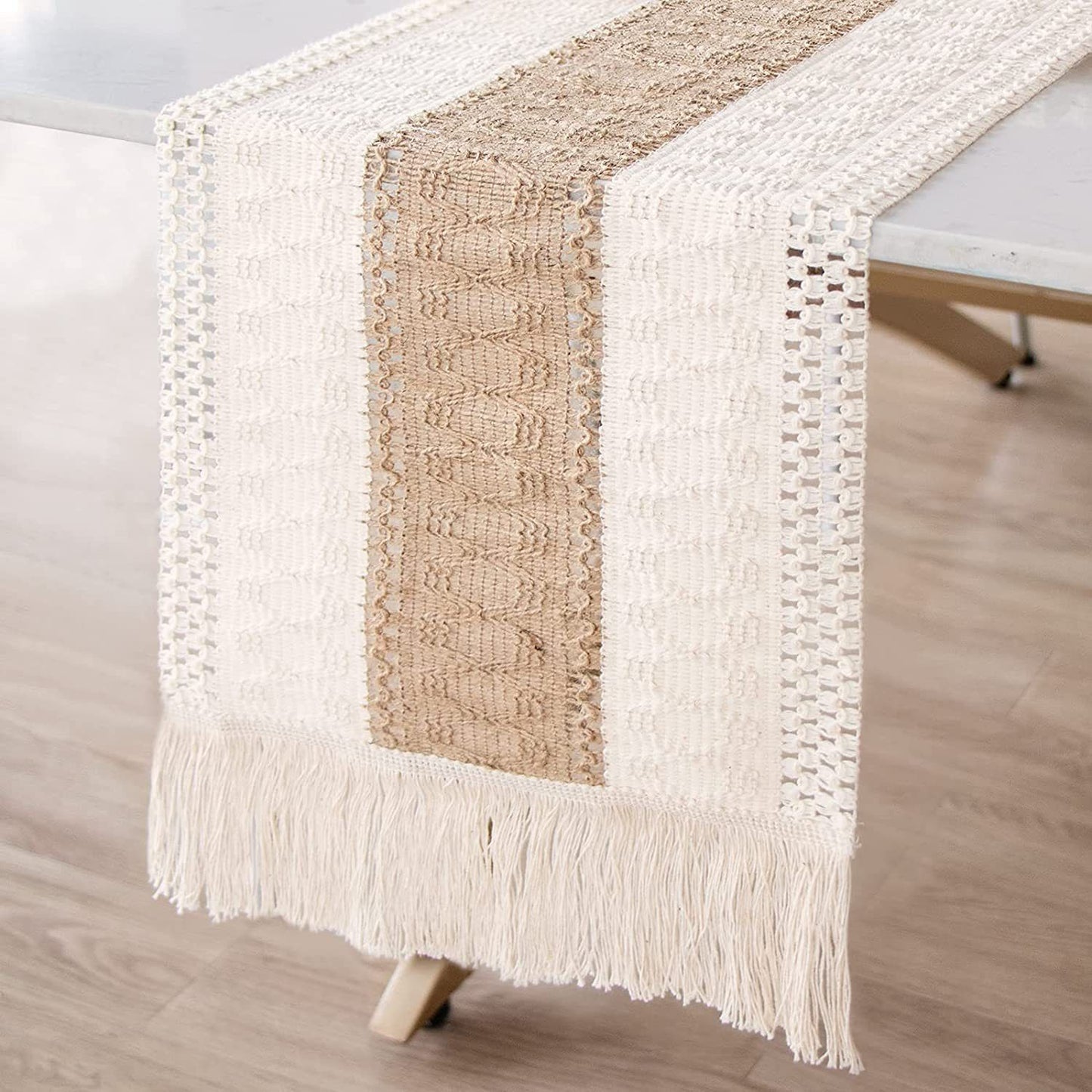 2-Pack Table Runner MX05, Cotton Trim on Both Sides, Brown Center, With Tassels