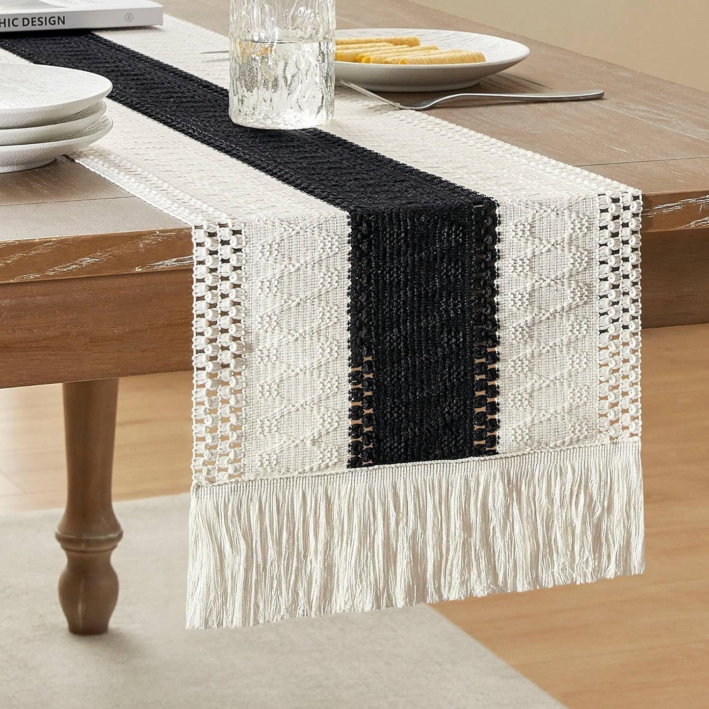 2-Pack Table Runner MX05, Cotton Trim on Both Sides, Black Center, With Tassels