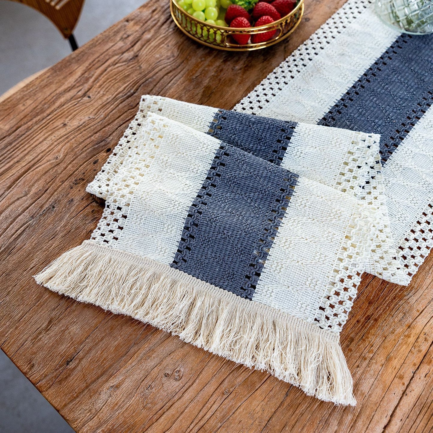 2-Pack Table Runner MX05, Cotton Trim on Both Sides, Grey Center, With Tassels