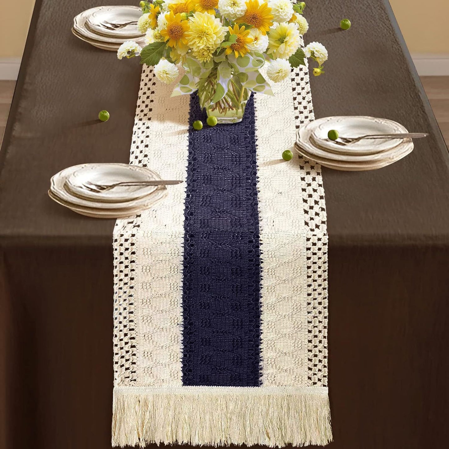 2-Pack Table Runner MX05, Cotton Trim on Both Sides, Blue Center, With Tassels