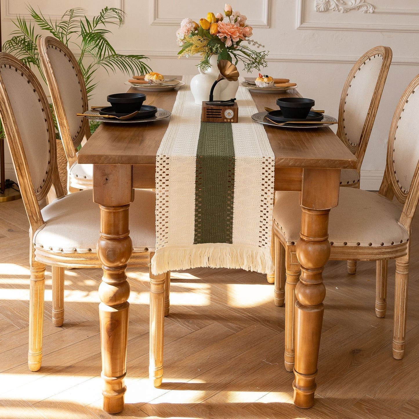 2-Pack Table Runner MX05, Cotton Trim on Both Sides, Army Green Center, With Tassels