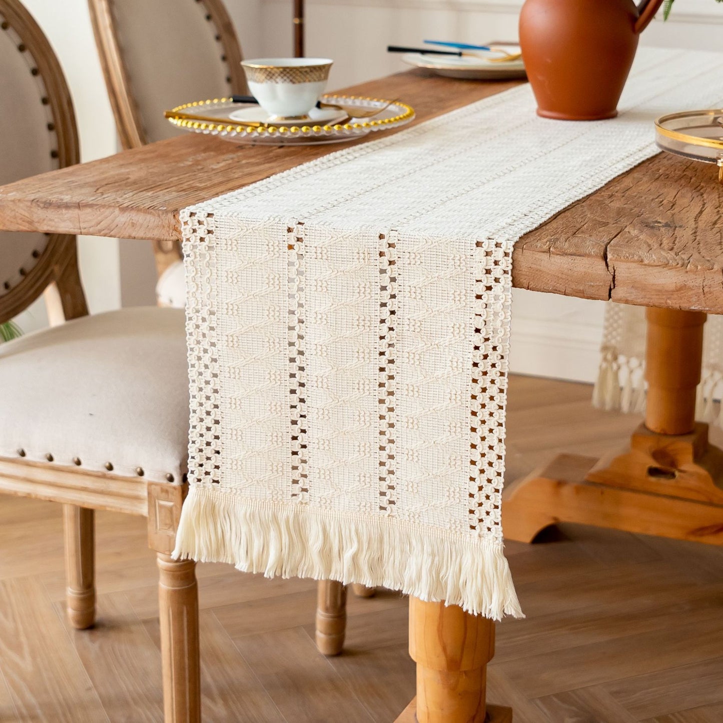 2-Pack Table Runner MX104, Beige Linen Texture, With Tassels