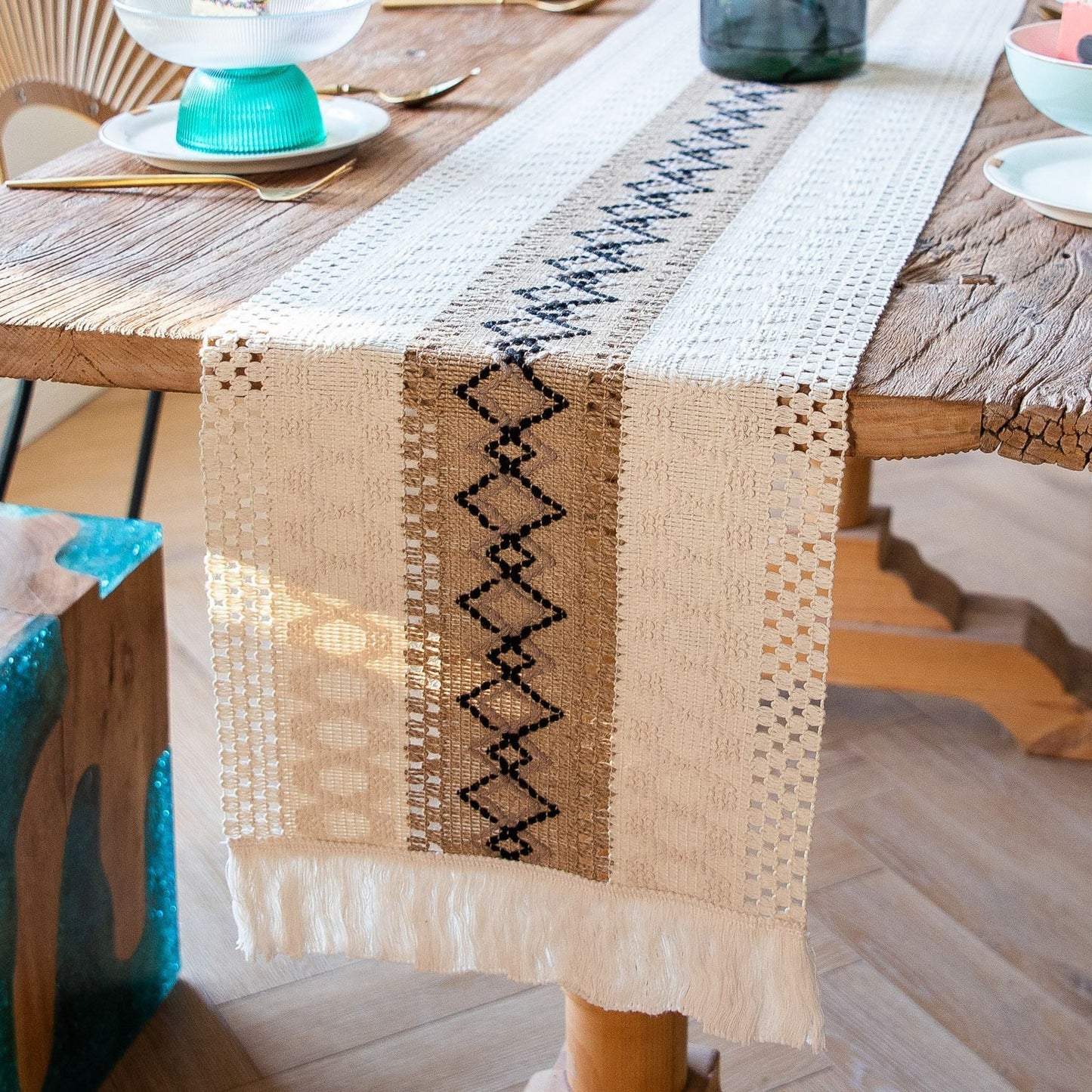 2-Pack Table Runner MX01, White Base with Brown Coffee Diamond Pattern, With Tassels