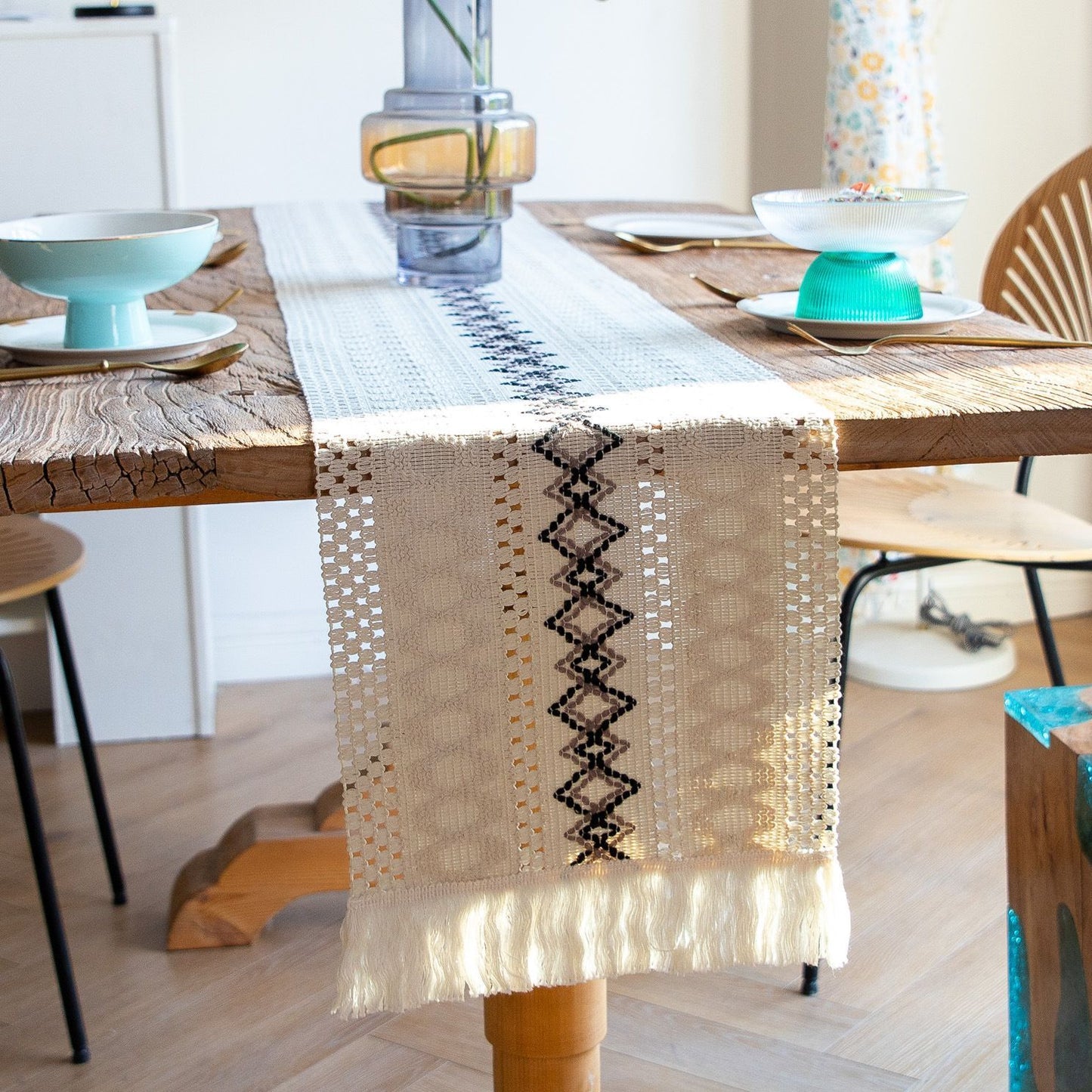 2-Pack Table Runner MX02, White Base with Light Brown Diamond Pattern, With Tassels