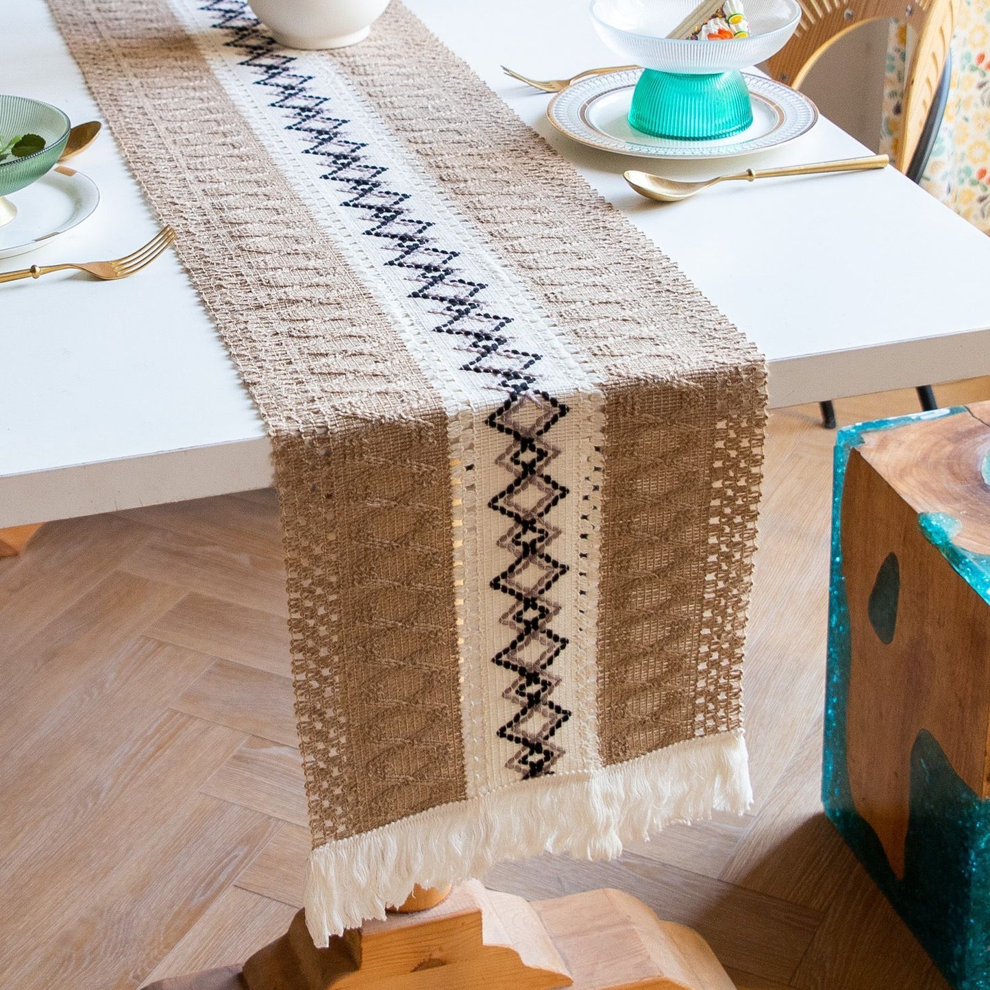 2-Pack Table Runner MX03, Brown Base with White Diamond Pattern, With Tassels