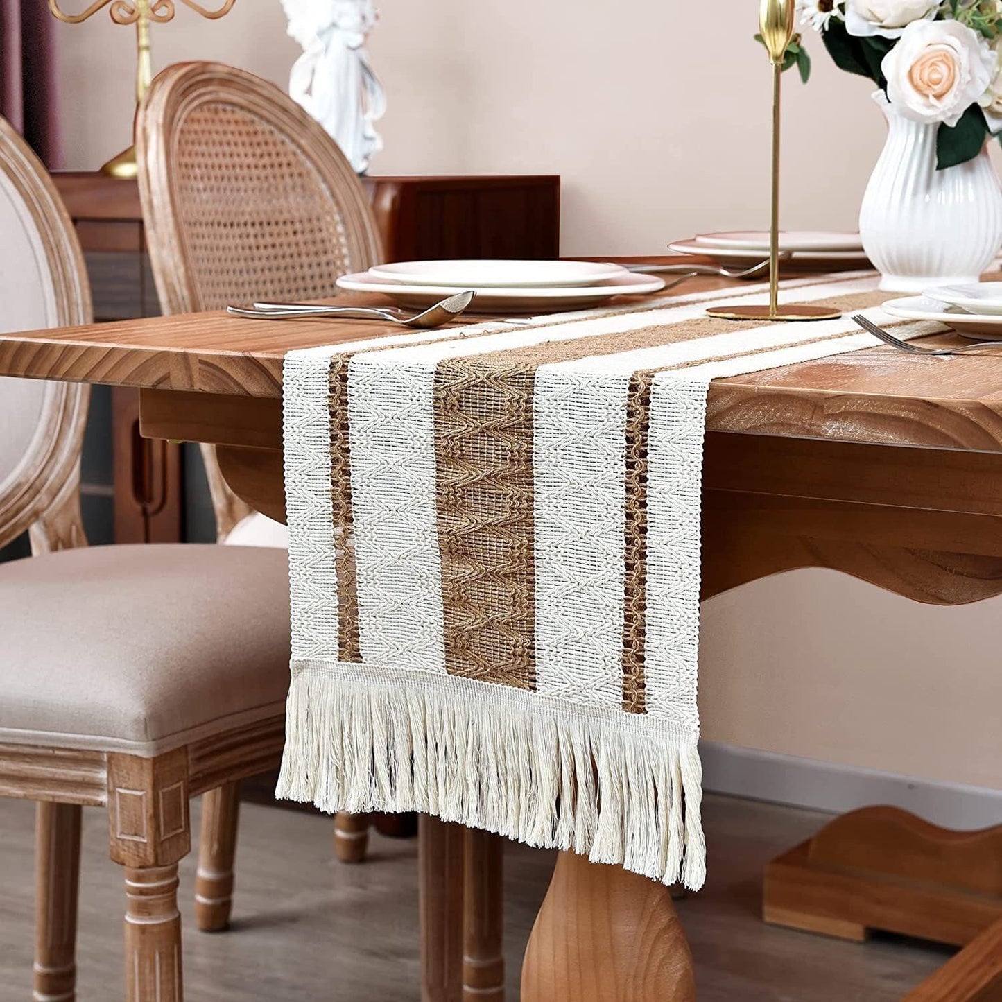 2-Pack Table Runner MX07, Four Cotton Strips, With Tassels