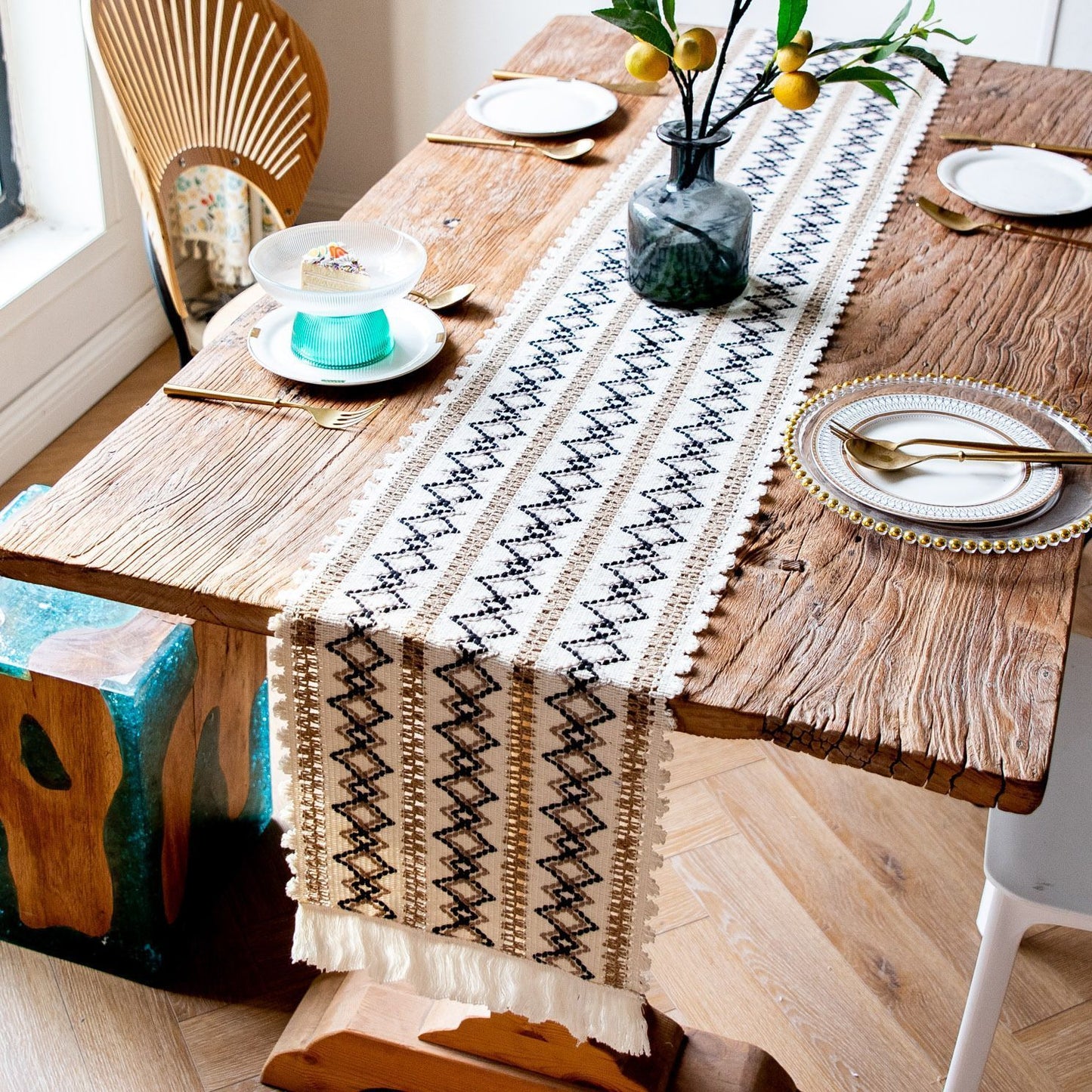 2-Pack Table Runner MX08, Three Rows of Diamond Pattern, With Tassels