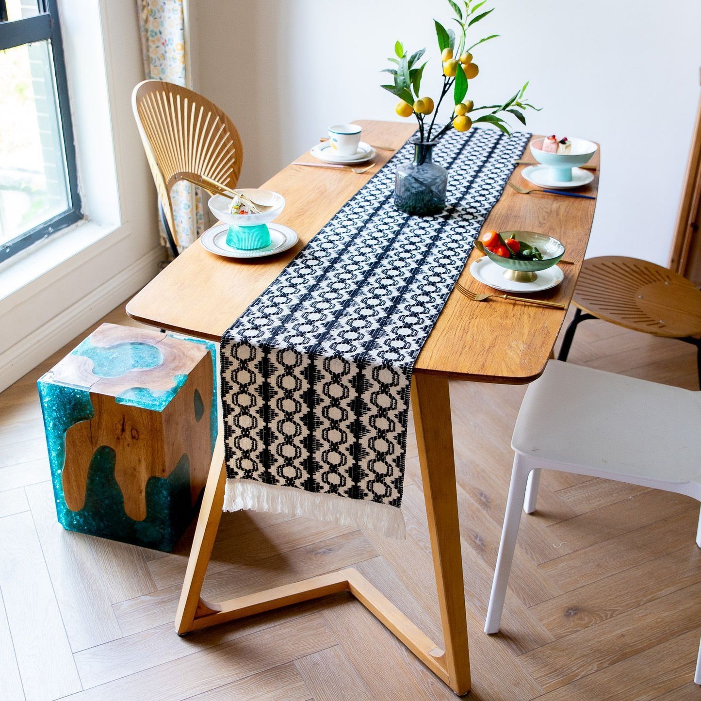2-Pack Table Runner MX09, Black Base with Black Hexagon Pattern, With Tassels