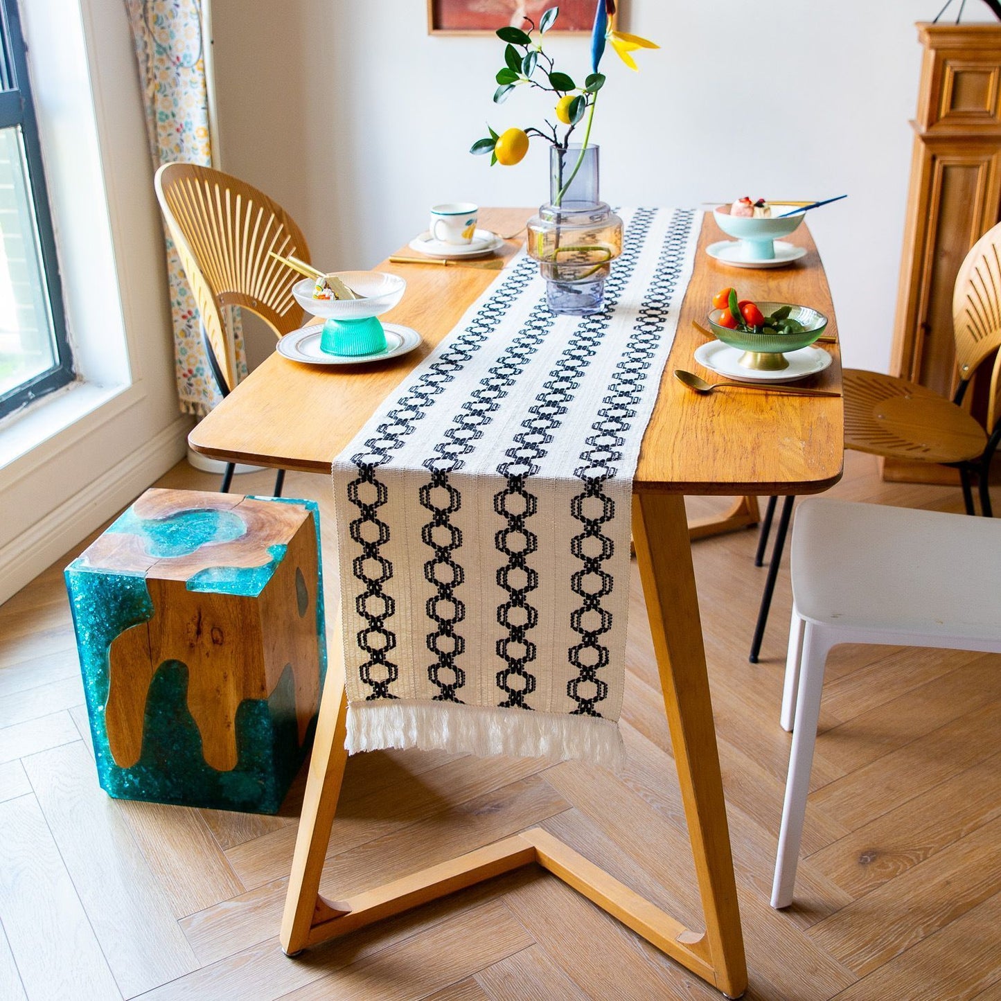 2-Pack Table Runner MX10, White Base with Black Hexagon Pattern, With Tassels