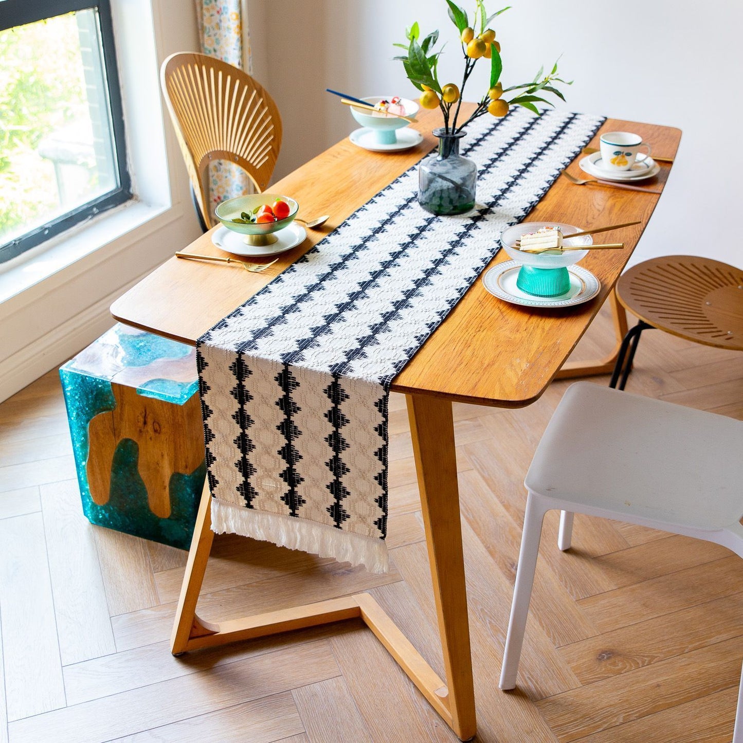 2-Pack Table Runner MX11, White Base with Black Quadrilateral Pattern, With Tassels