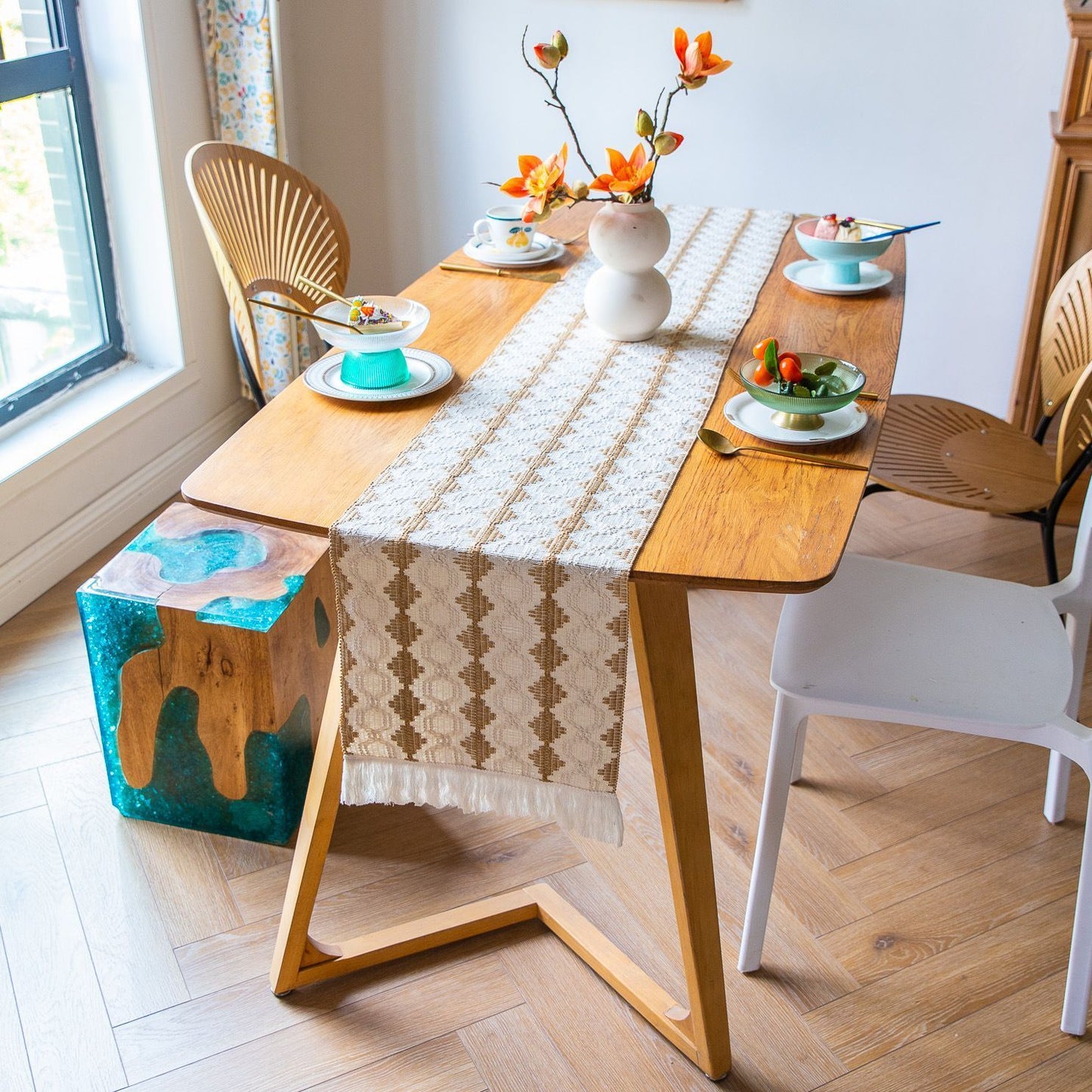 2-Pack Table Runner MX12, White Base with Khaki Quadrilateral Pattern, With Tassels