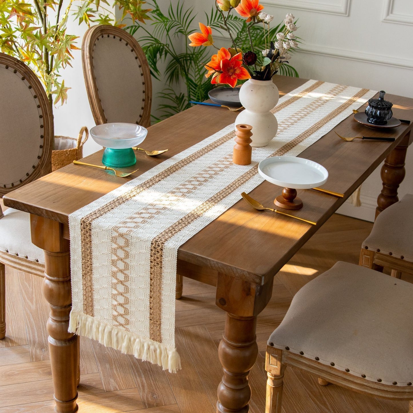 2-Pack Table Runner MX13, Yellow Stripes on Both Sides, Hexagon Pattern in Middle, With Tassels