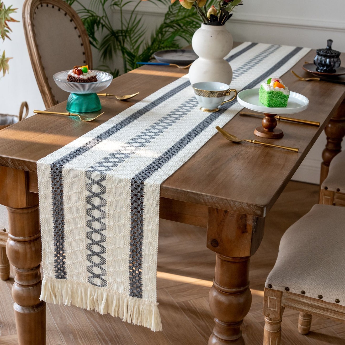 2-Pack Table Runner MX13, Grey Trim on Both Sides, Hexagon Pattern in Middle, With Tassels