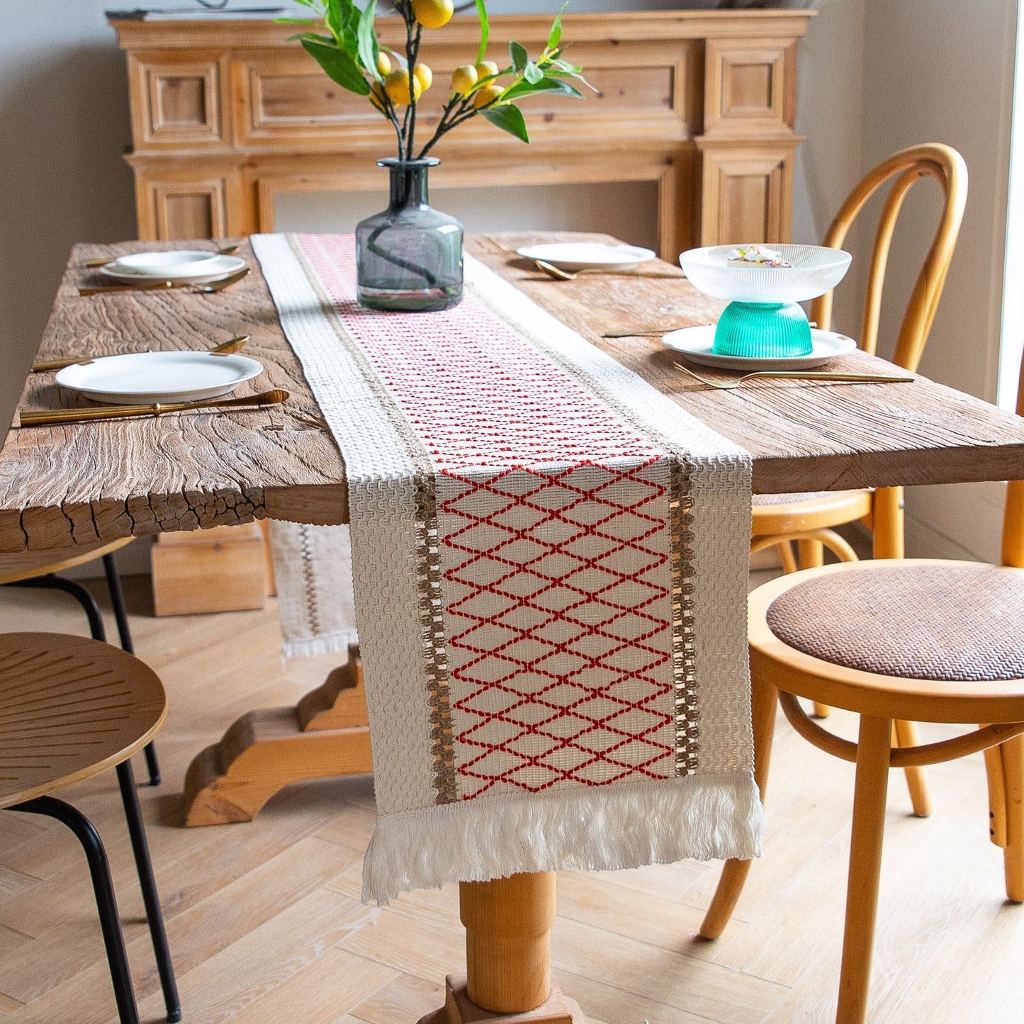 2-Pack Table Runner MX15, Red Grid Cotton Linen, With Tassels
