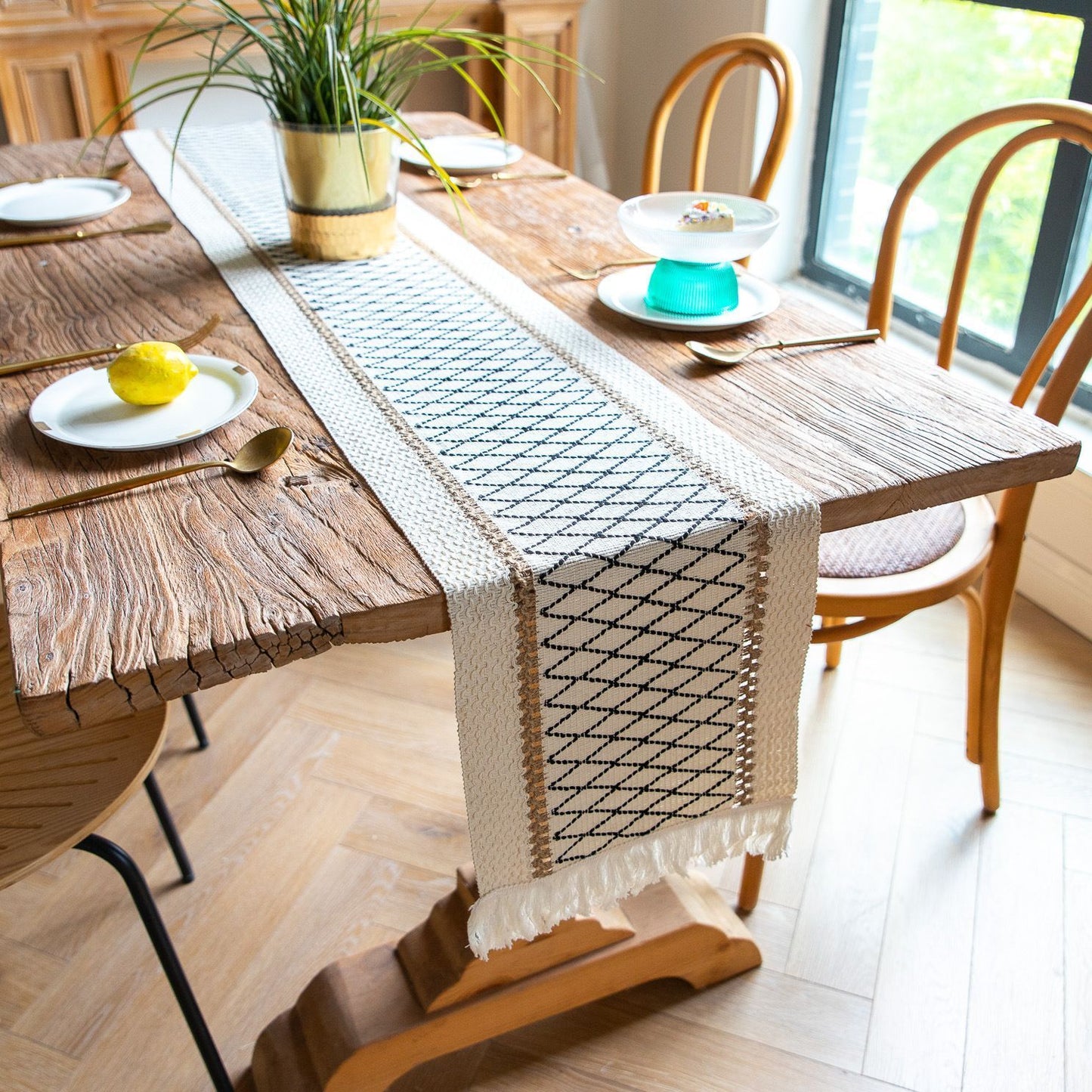 2-Pack Table Runner MX15, Black Grid Cotton Linen, With Tassels