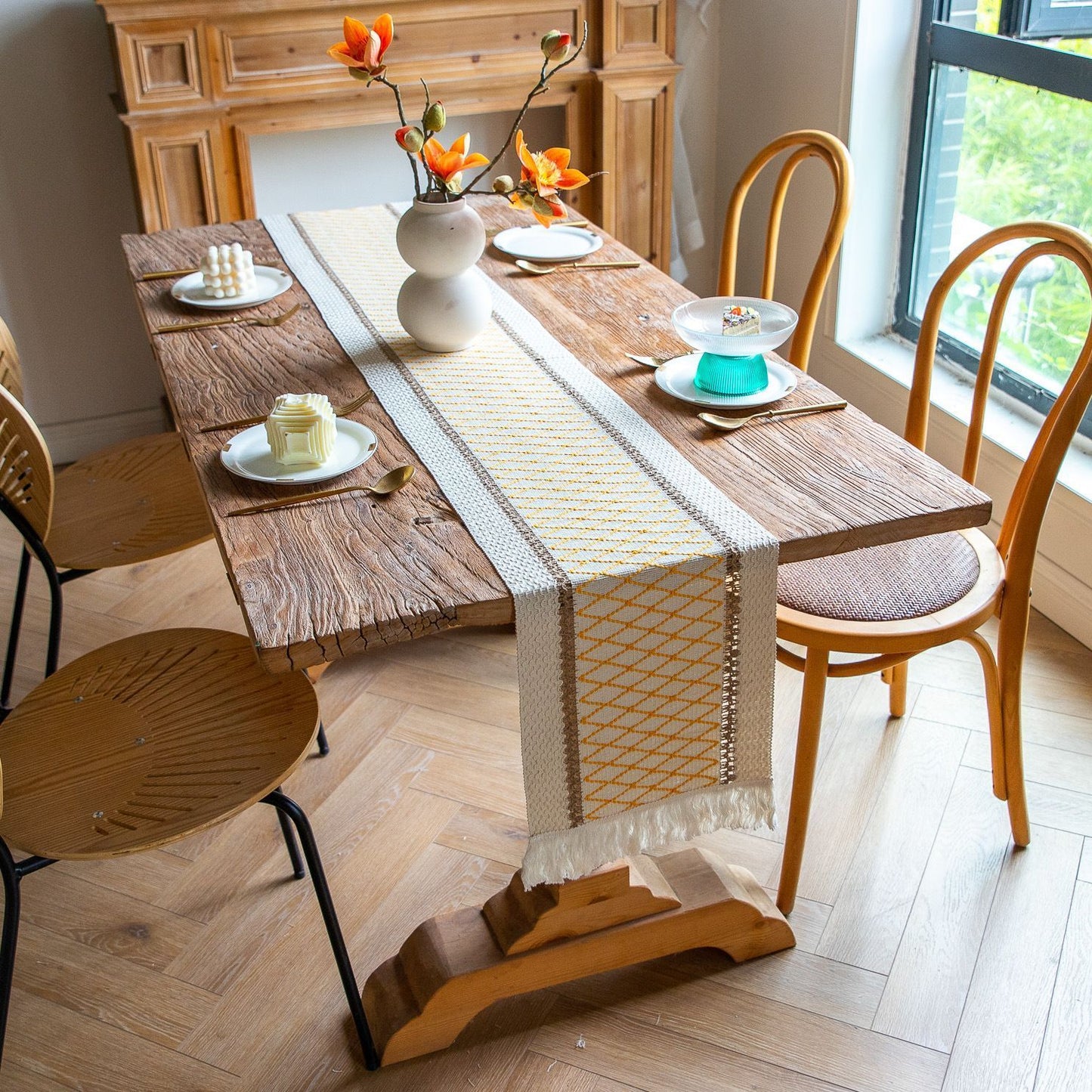 2-Pack Table Runner MX15, Yellow Grid Cotton Linen, With Tassels