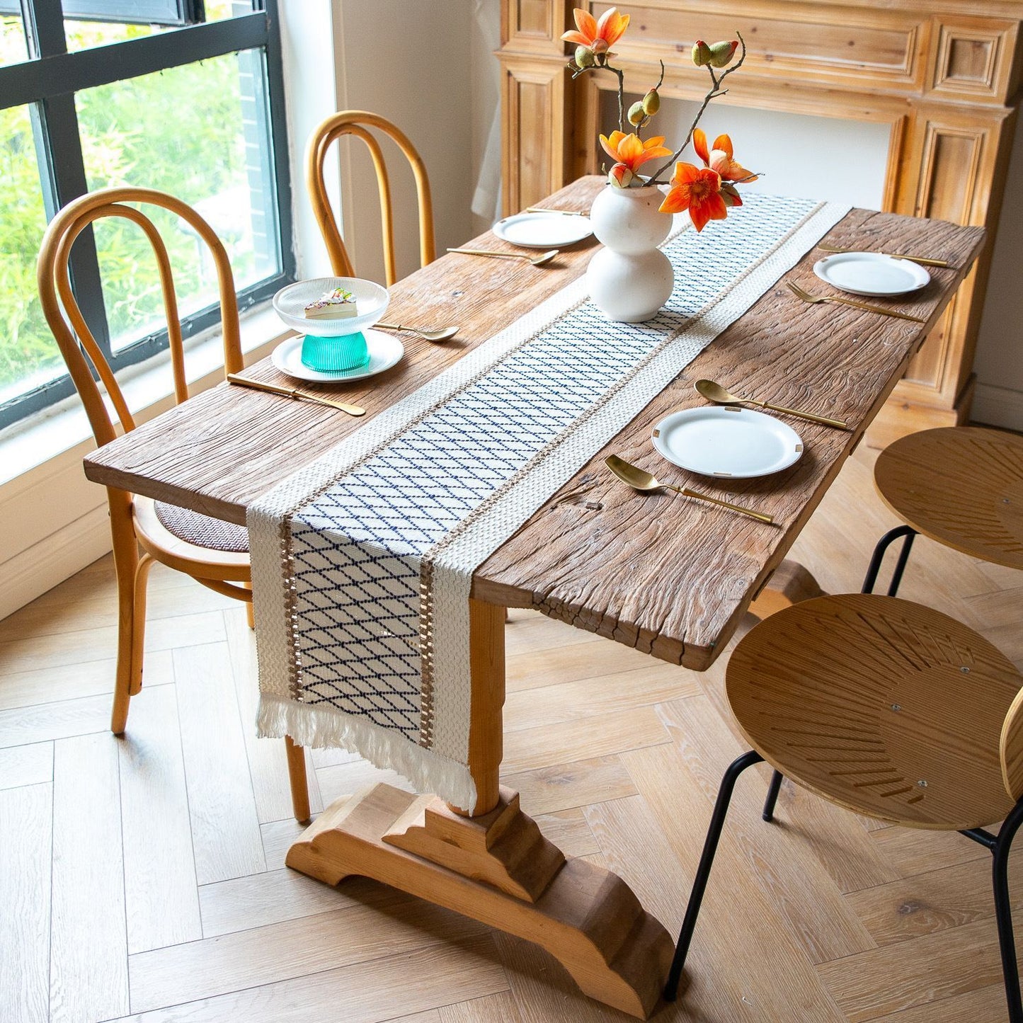 2-Pack Table Runner MX15, Blue Grid Cotton Linen, With Tassels