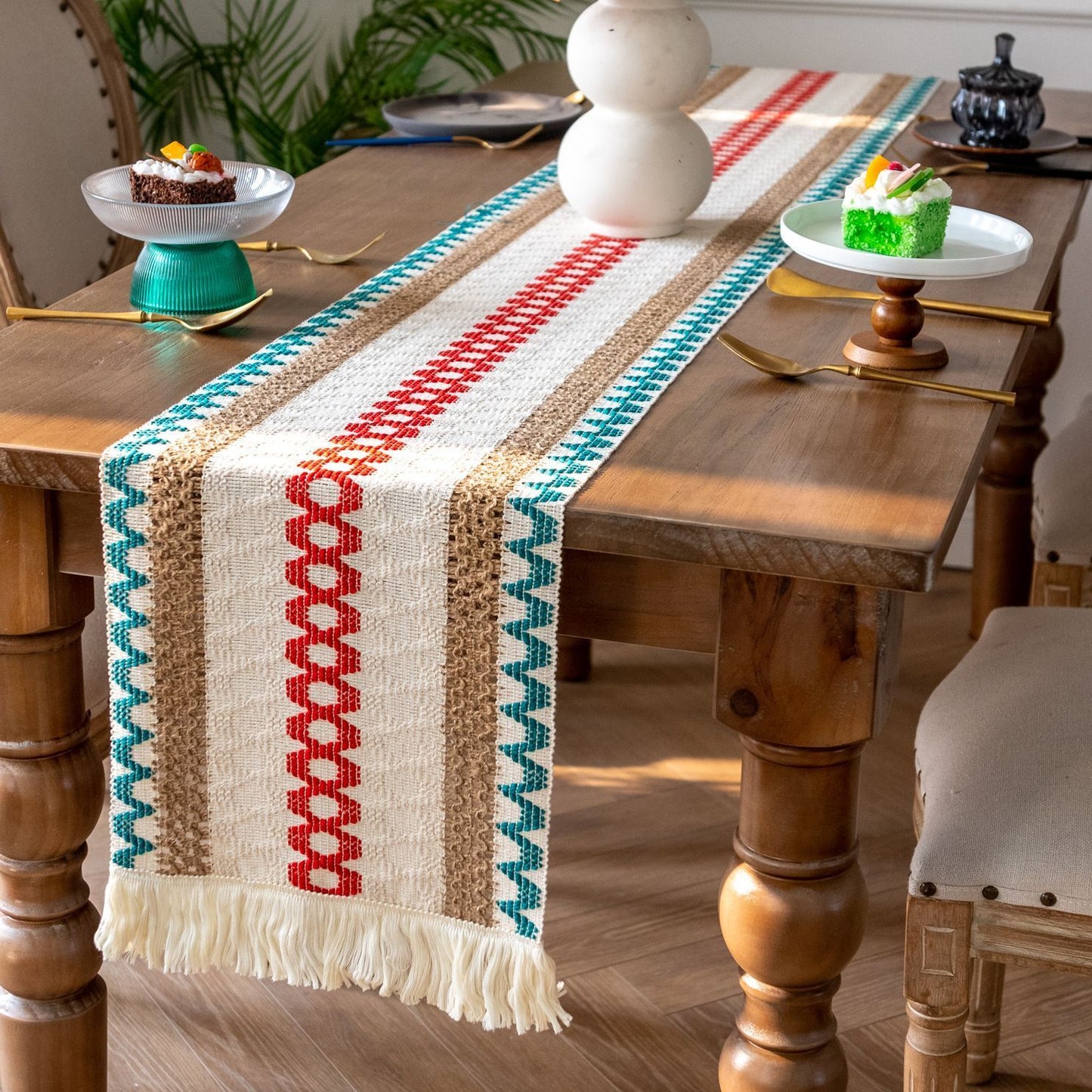 2-Pack Table Runner MX19, Multicolor Cotton Linen, With Tassels